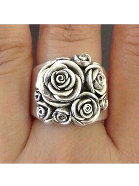 Ornate Swirl Ring Rose Flower Silver Bold SZ 9 Trendy Stylish Fashion Stunning
